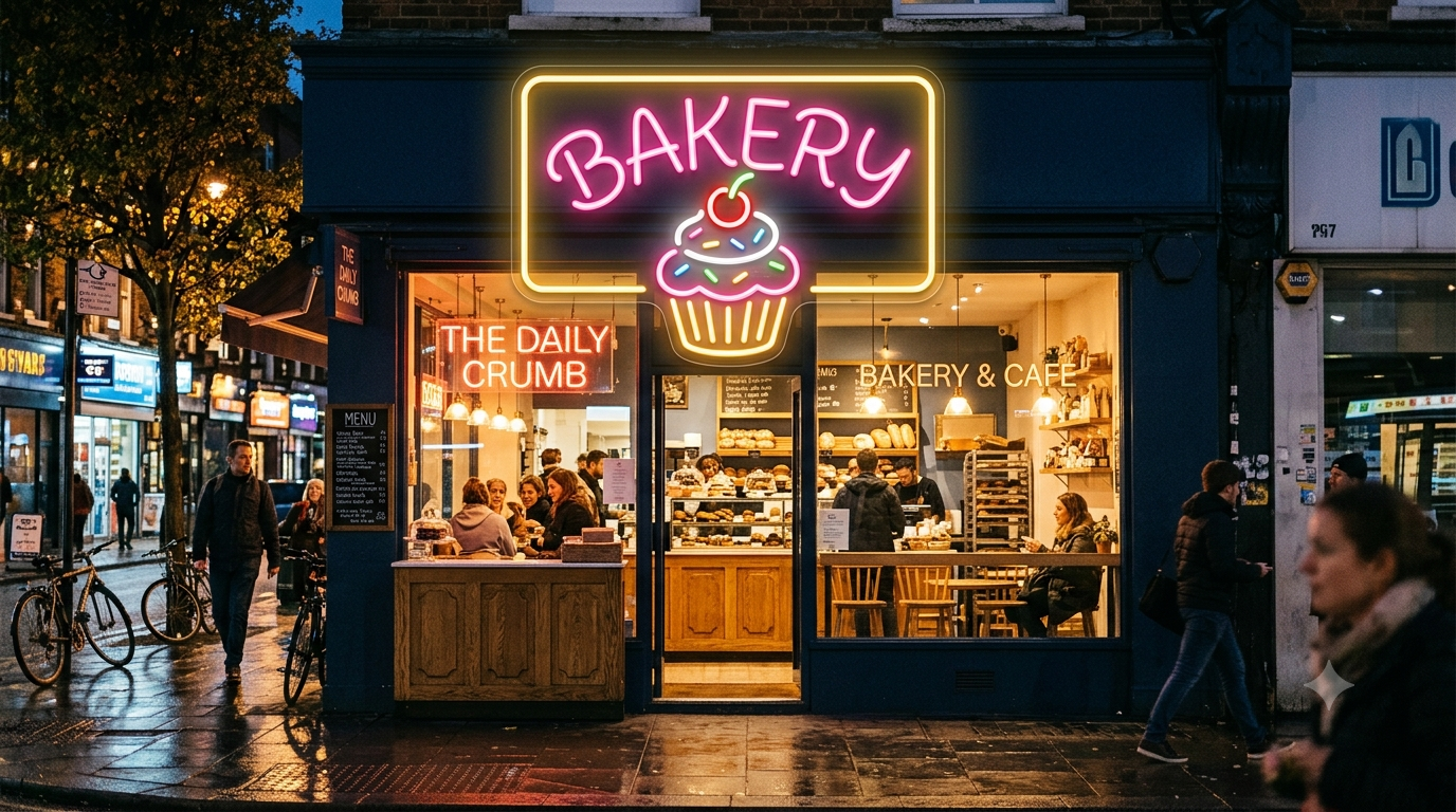 تابلو نئون کاپ‌کیک Bakery؛ دکوراسیون نوری قنادی و کافی‌شاپ