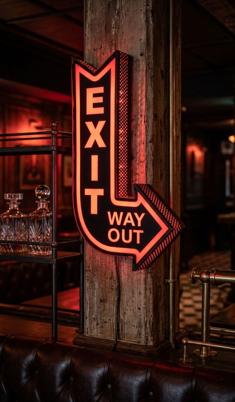 تابلو لایت باکس EXIT WAY OUT قرمز با طراحی رترو و فلش جهتدار نصب شده در فضای تاریک کافه با نور نئونی سینمایی