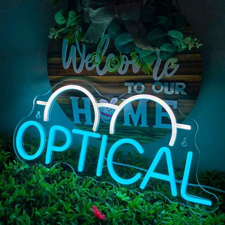 تابلو نئون فلکس مغازه عینک فروشی طرح فریم عینک سفید و متن Optical آبی روی پلکسی شفاف